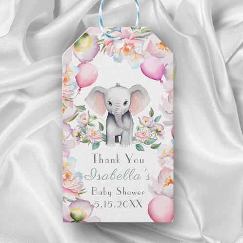 Baby Elephant With Peonies  Balloons Thank You Gift Tags