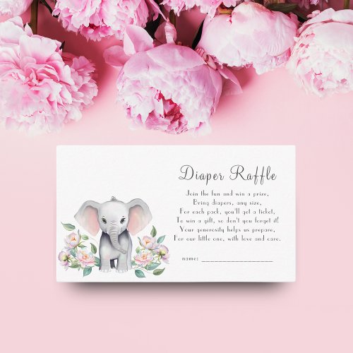 Baby Elephant With Peonies Diaper Raffle Enclosure Card