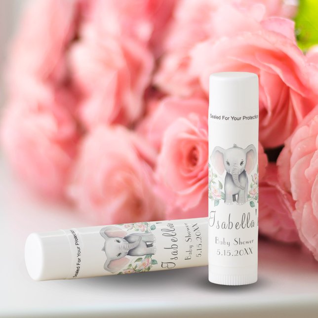 Baby Elephant With Peonies, Eucalyptus Lip Balm (Indulge in soothing sweetness: Baby Elephant, Peonies & Eucalyptus Lip Balm baby shower favor.)