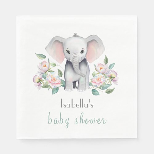 Baby Elephant With Peonies Eucalyptus Napkin