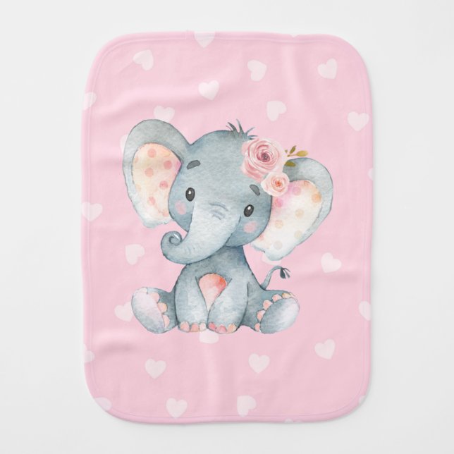 Baby Elephant with pink heart background Baby Burp Cloth (Front)