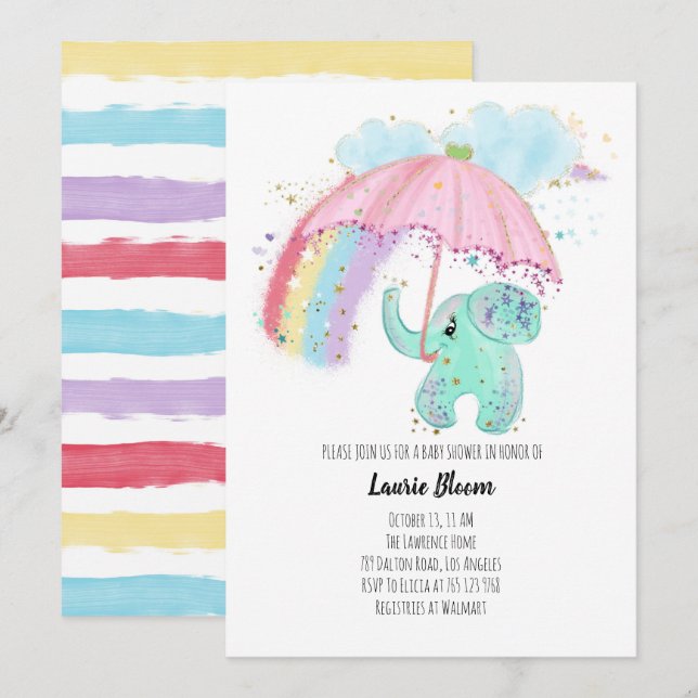 Baby Elephant with Rainbow Baby Shower Invitation (Front/Back)