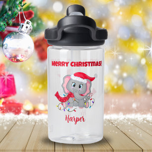 Baby Elephant With Santa Hat And Lights Name Water Bottle