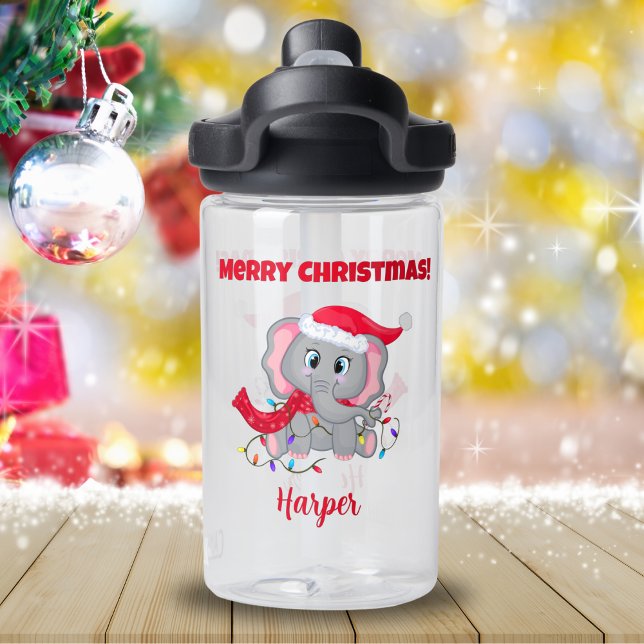 Baby Elephant With Santa Hat And Lights Name Water Bottle (This adorable Baby Elephant that your child will love to carry around during the holidays! )