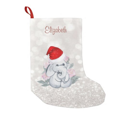Baby Elephant With  Santa HatFlowersBokeh Small Christmas Stocking