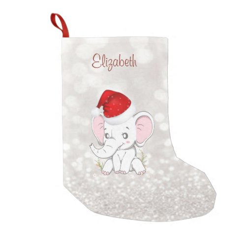 Baby Elephant With  Santa Hat Glittery Bokeh Small Christmas Stocking