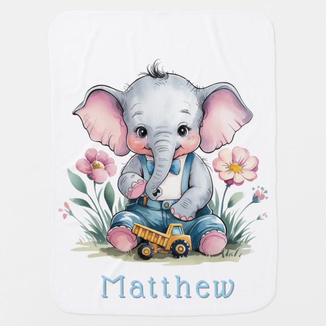 Baby Elephant with Truck Baby Shower Custom Blanket (Front)