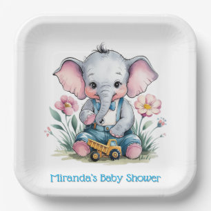 Baby Elephant with Truck Baby Shower Paper Plates