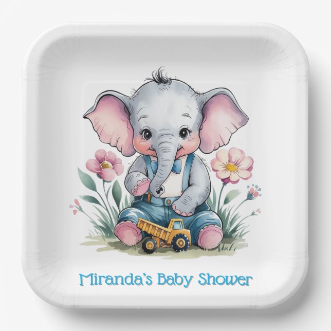 Baby Elephant with Truck Baby Shower Paper Plates (Front)