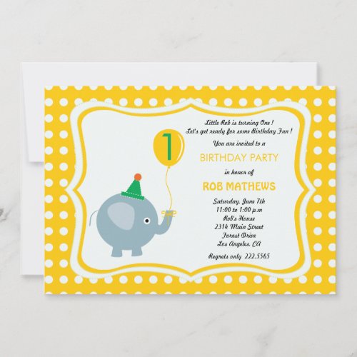 Baby elephant with  yellow polka dot background personalized invite