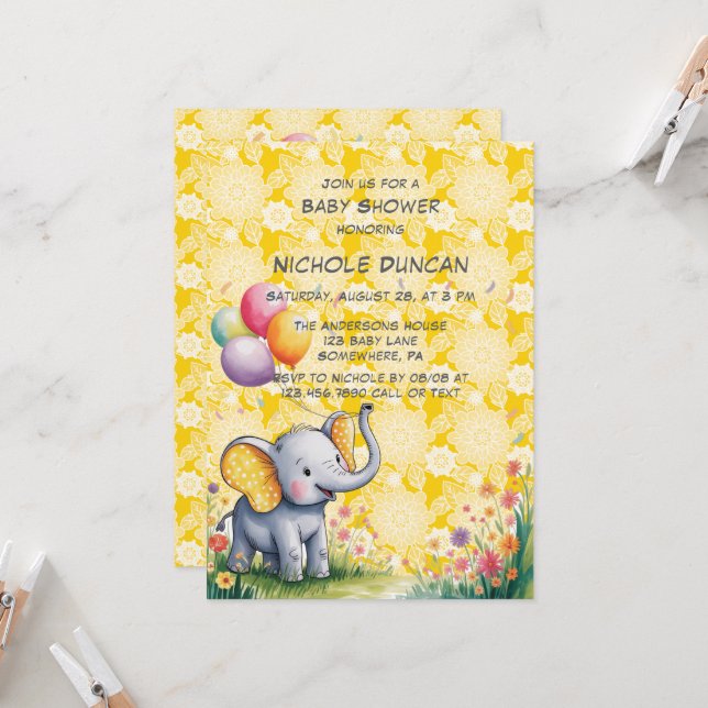 Baby Elephant Yellow Polka Dot Ears Baby Shower Invitation (Front/Back In Situ)