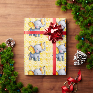 Baby Elephant Yellow Polka Dot Ears Baby Shower Wrapping Paper