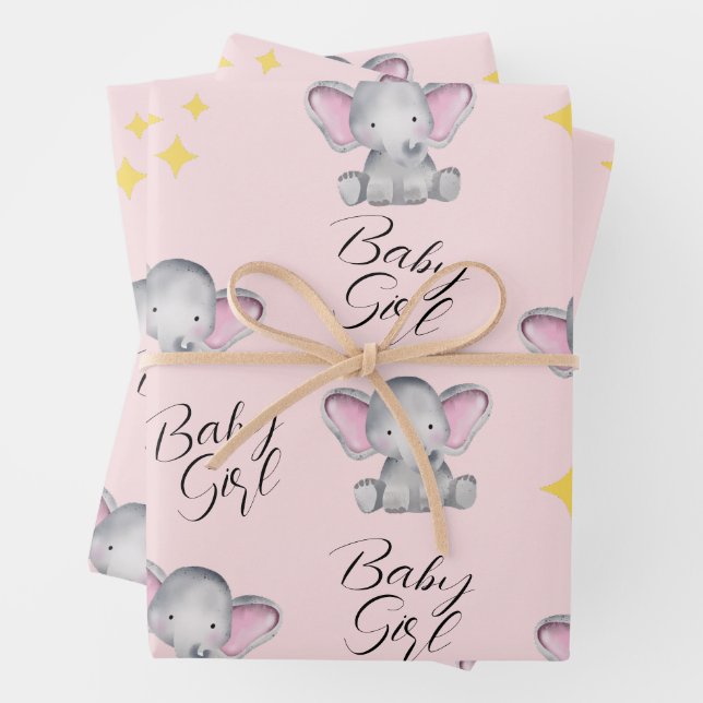 Baby elephants baby girl shower wrapping paper sheets (In situ)