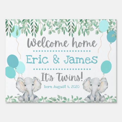 Baby Elephants Blue Welcome Home Twins Greenery Sign