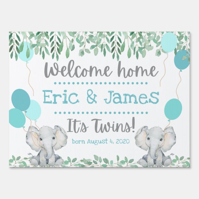 Baby Elephants Blue Welcome Home Twins Greenery Sign (Front)