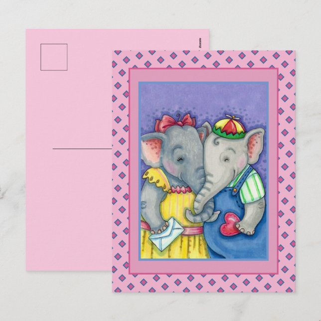 BABY ELEPHANTS FIRST LOVE, CUTE PACHYDERM FRIENDS HOLIDAY POSTCARD (Front/Back)