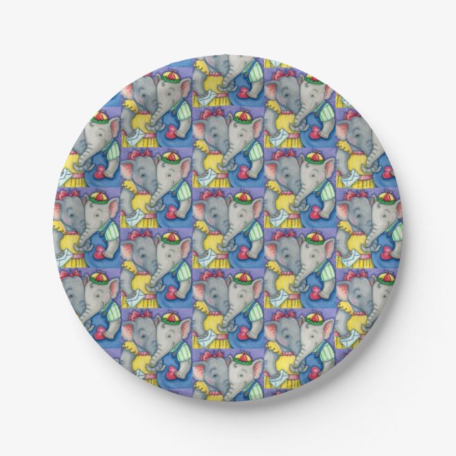 BABY ELEPHANTS FIRST LOVE, CUTE PACHYDERM FRIENDS PAPER PLATES (Front)