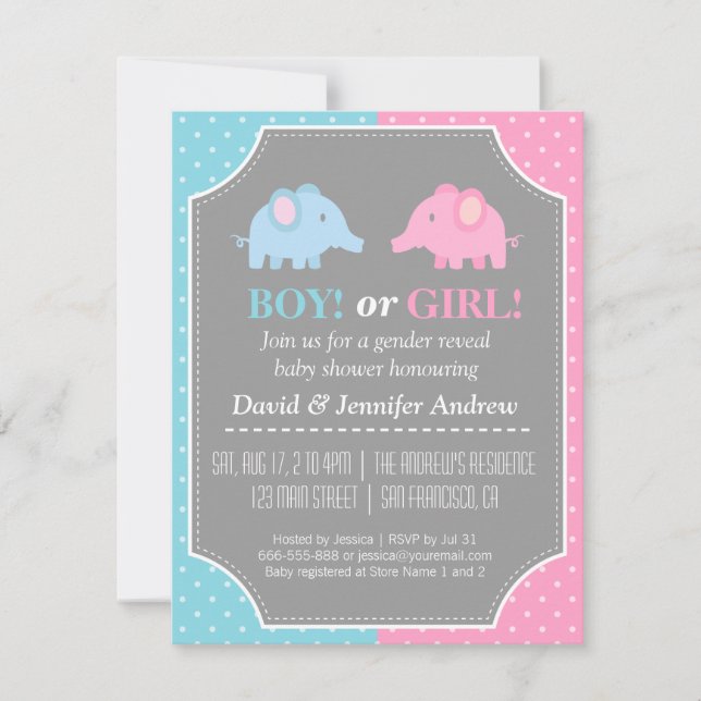 Baby Elephants Gender Reveal Party Polka Dots Invitation (Front)