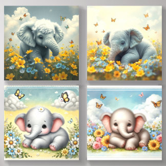 Baby Elephants in Flowers Acrylic Photo Tile