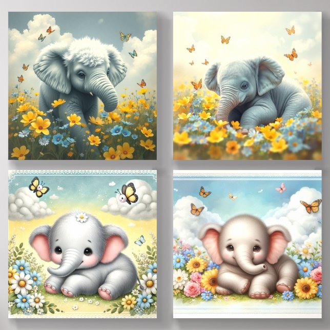Baby Elephants in Flowers Acrylic Photo Tile (Front Set)