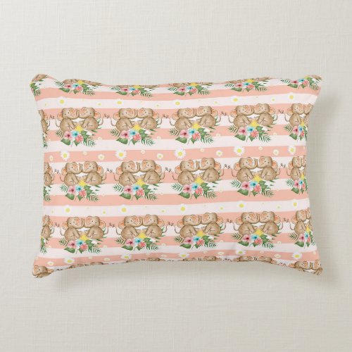 Baby Elephants Peach White Floral Nursery Accent Pillow