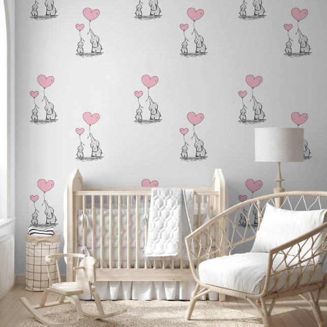 Baby Elephants & Pink Heart Balloons Design Wallpaper (Kids)