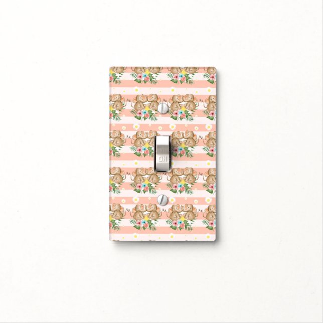 Baby Elephants Pink Peach White Floral Daisies Light Switch Cover (In Situ)