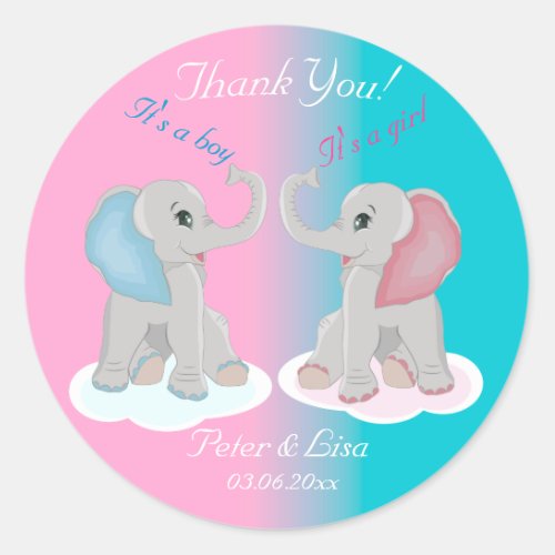 Baby Elephants Thank you Gender Reveal Baby Shower Classic Round Sticker