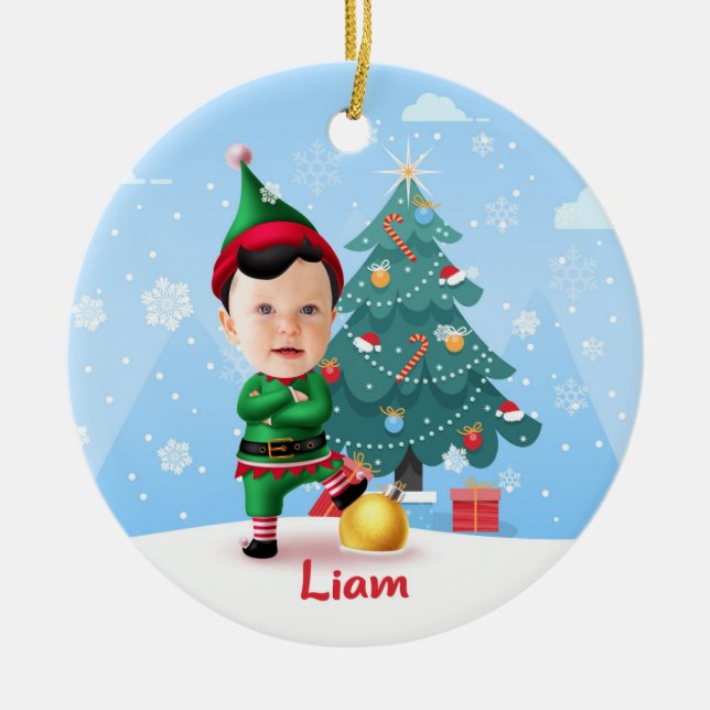 Baby Elf Christmas Ornament, Custom Photo & Name Ceramic Ornament (Front)