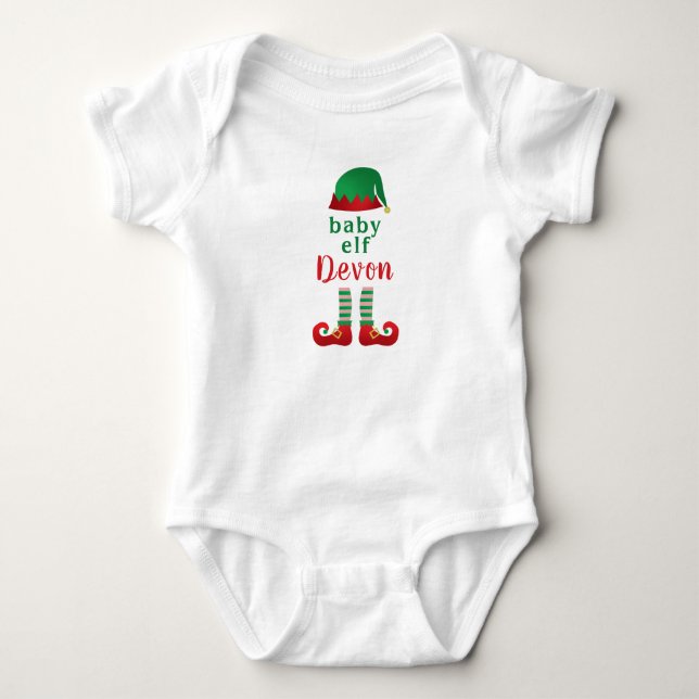 Baby Elf Personalize Name Chritsmas Red Green Bodysuit (Front)
