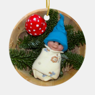 Baby Elf, Toadstool: Polymer Clay Sculptures Ceramic Ornament