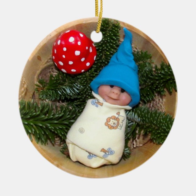 Baby Elf, Toadstool: Polymer Clay Sculptures Ceramic Ornament (Front)