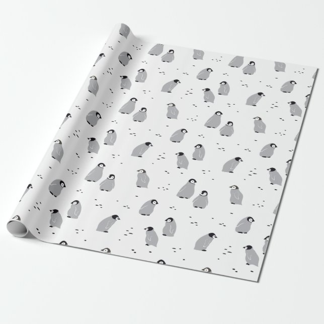 Baby Emperor Penguin Chicks Pattern in white Wrapping Paper (Unrolled)