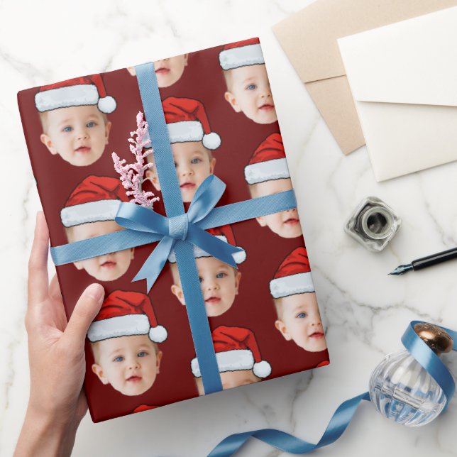 Baby Face Funny Custom Photo Santa Hat Christmas Wrapping Paper (Gifting)