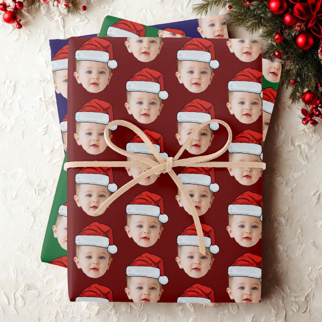 Baby Face Funny Custom Photo Santa Hat Christmas Wrapping Paper Sheets (Creator Uploaded)