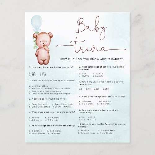 Baby Facts Trivia Game Baby Shower Teddy Bear
