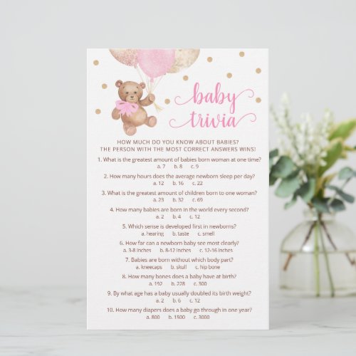 Baby Facts Trivia Game Baby Shower Teddy Bear