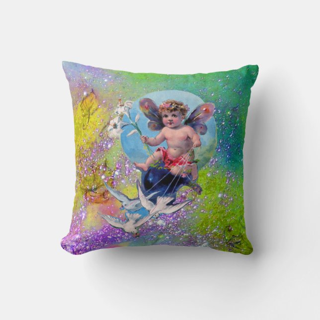 BABY FAIRY,DOVES GREEN PURPLE SPARKLES Baby Shower Throw Pillow (Front)