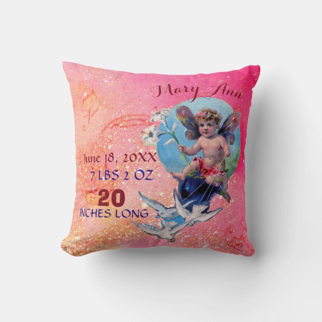 BABY FAIRY,DOVES IN PINK SPARKLES Baby Girl Stats Throw Pillow (Front)