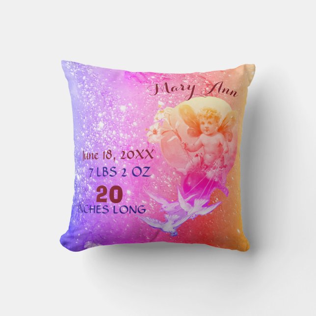 BABY FAIRY,DOVES PINK BLUE SPARKLE Baby Girl Stats Throw Pillow (Front)