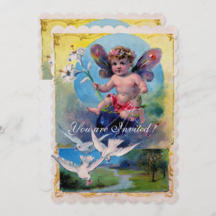 BABY FAIRY FLYING WITH DOVES INVITATION
