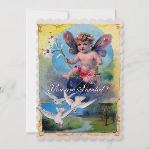 BABY FAIRY FLYING WITH DOVES INVITATION