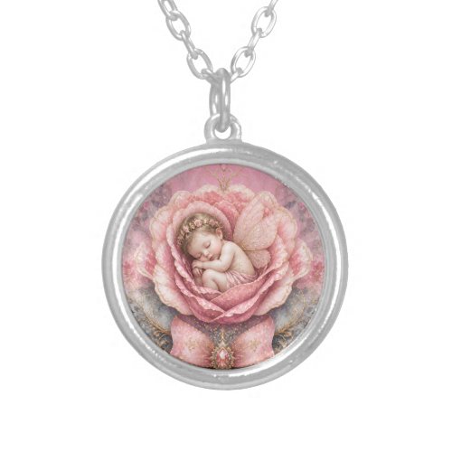 Baby Fairy girl Pink Rose Birth  Silver Plated Necklace