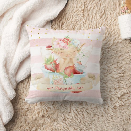 Baby Fairy in a Cup of Strawberry _ Baby Girl Thro Throw Pillow