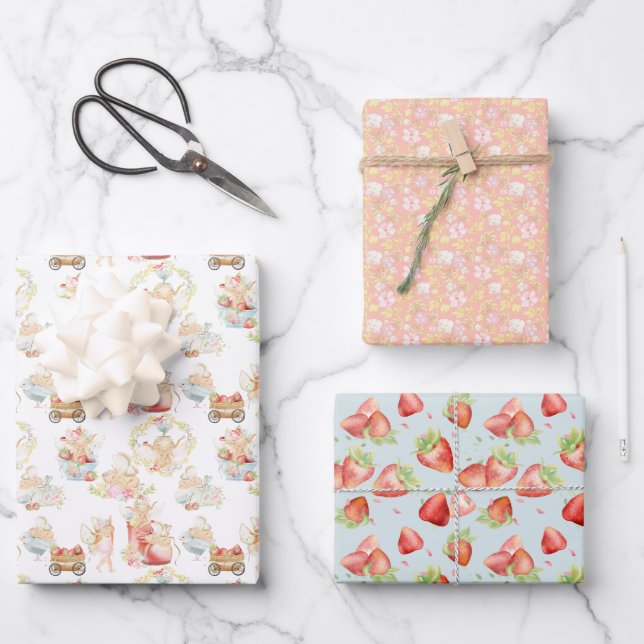 Baby Fairy Teacup Strawberry Field Nursery Wrapping Paper Sheets (Front)