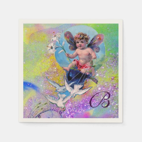 BABY FAIRY WITH DOVES IN PURPLE GREEN  SPARKLES PAPER NAPKINS