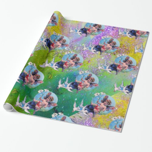BABY FAIRY WITH DOVES IN PURPLE GREEN  SPARKLES WRAPPING PAPER