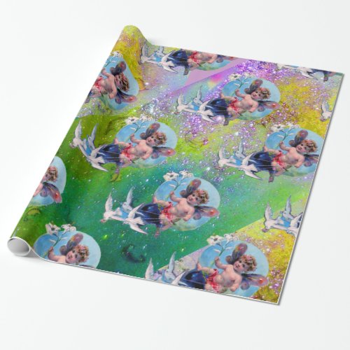 BABY FAIRY WITH DOVES IN PURPLE GREEN  SPARKLES WRAPPING PAPER