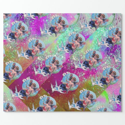 BABY FAIRY WITH DOVES IN PURPLE TEAL BLUE SPARKLES WRAPPING PAPER