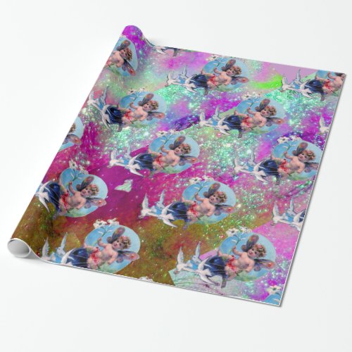 BABY FAIRY WITH DOVES IN PURPLE TEAL BLUE SPARKLES WRAPPING PAPER